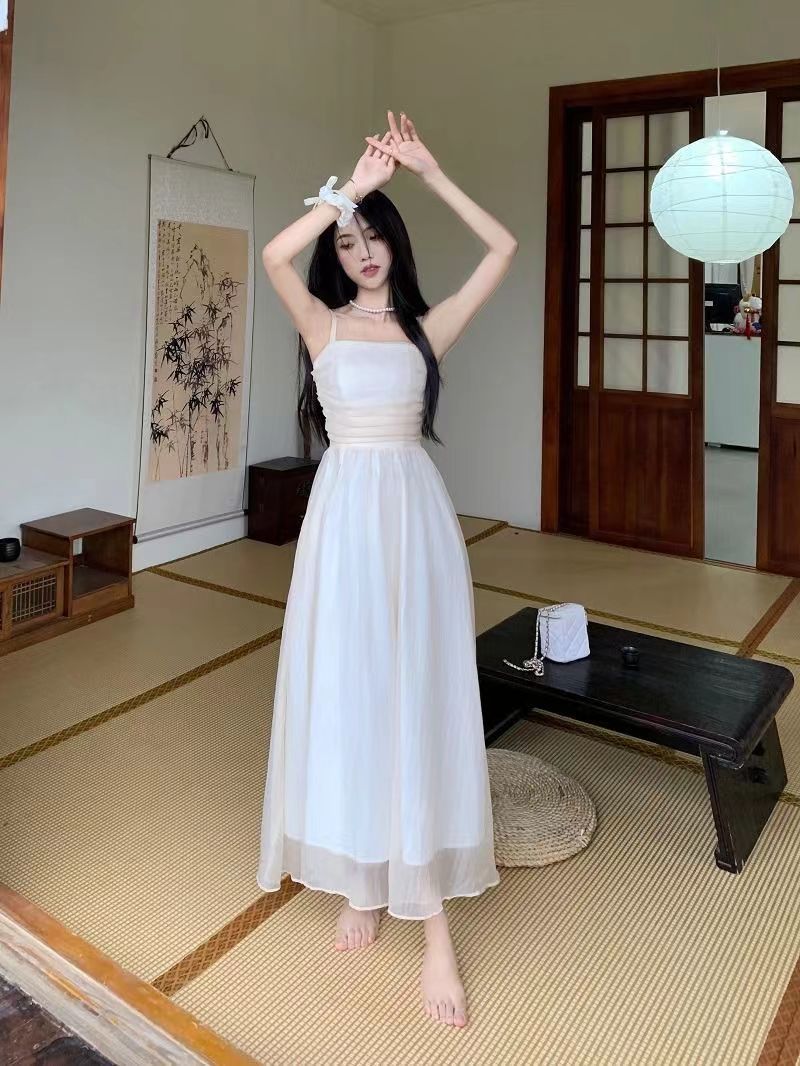 女装法式白色吊带长裙夏新款2024气质收腰显瘦纯色礼服超仙连衣裙详情24