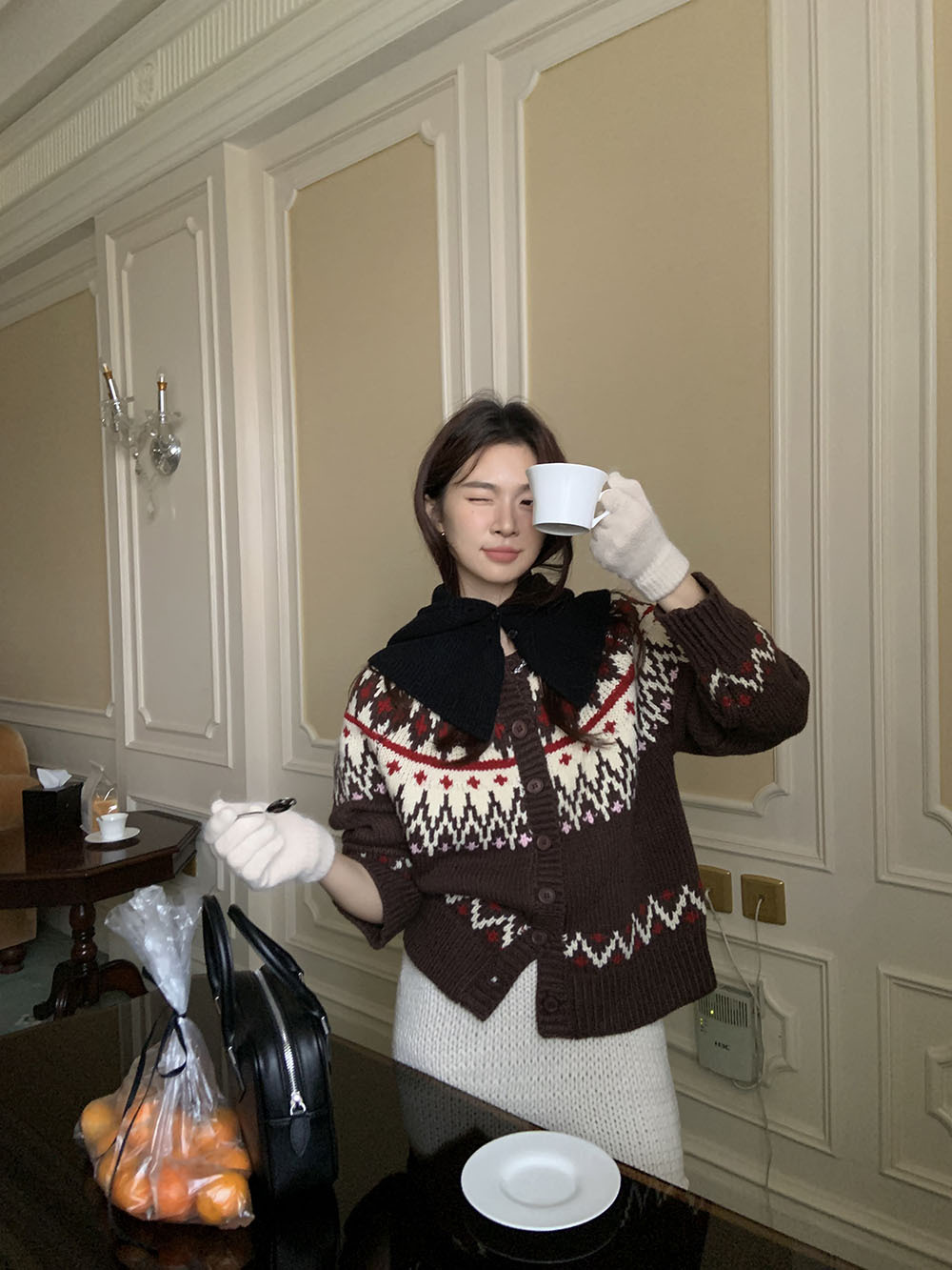 费尔岛复古美式少女撞色波普提花单排扣针织开衫厚实保暖毛衣外套详情11