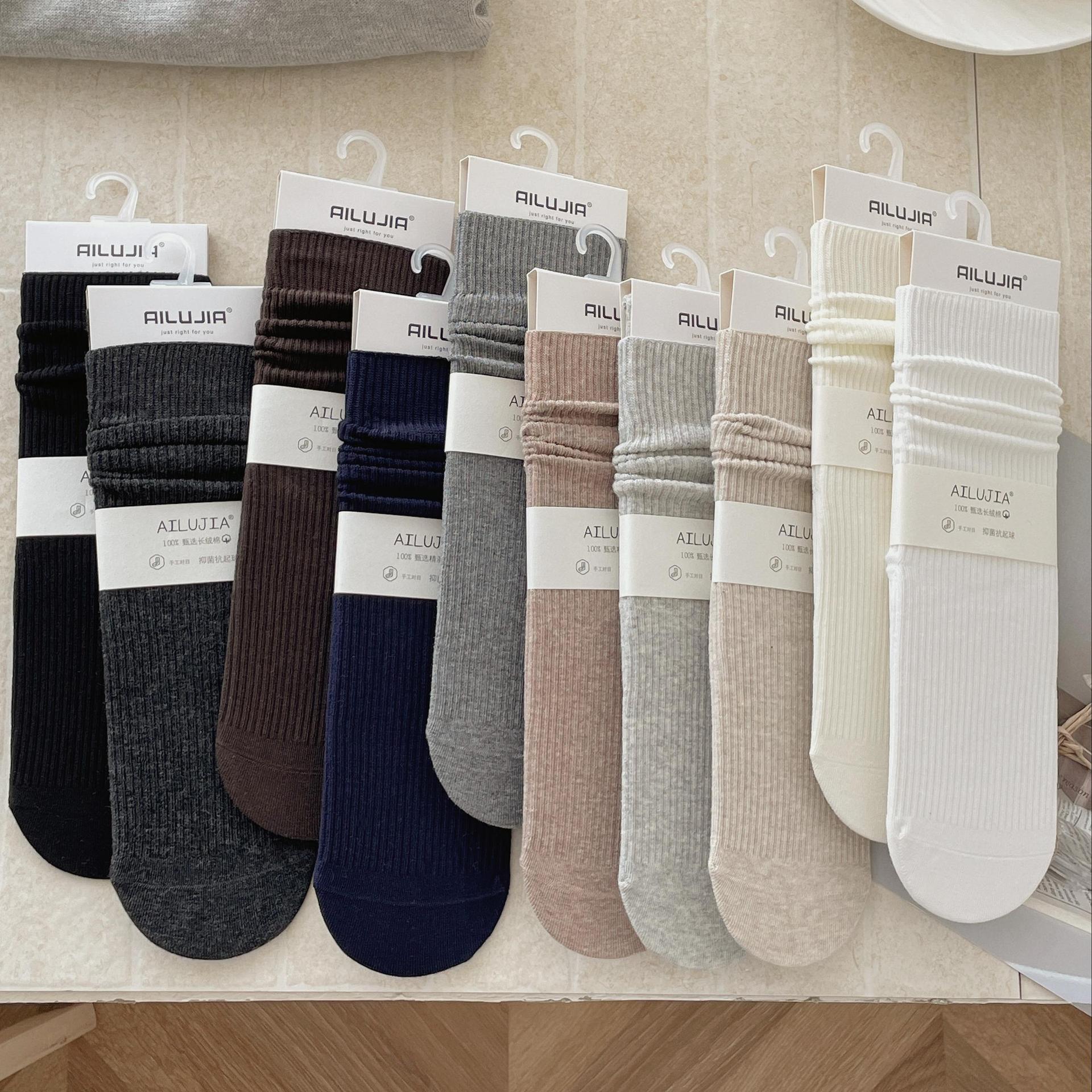 2025秋冬新款一体机无骨纯色竖条纹女士堆堆袜纯棉百搭中筒女袜子详情5