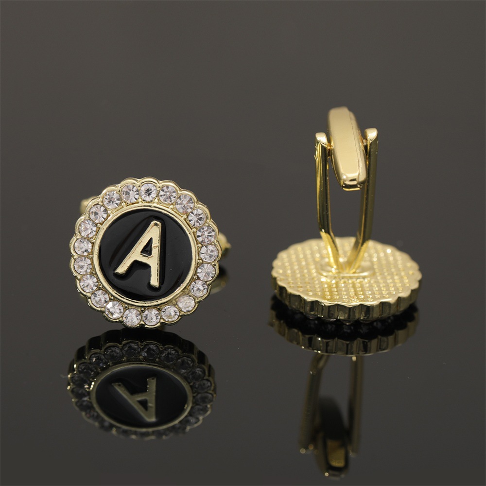 大写字母袖扣圆形镶钻袖钉合金滴油男士衬衫扣26英文字母A-Z配饰详情2