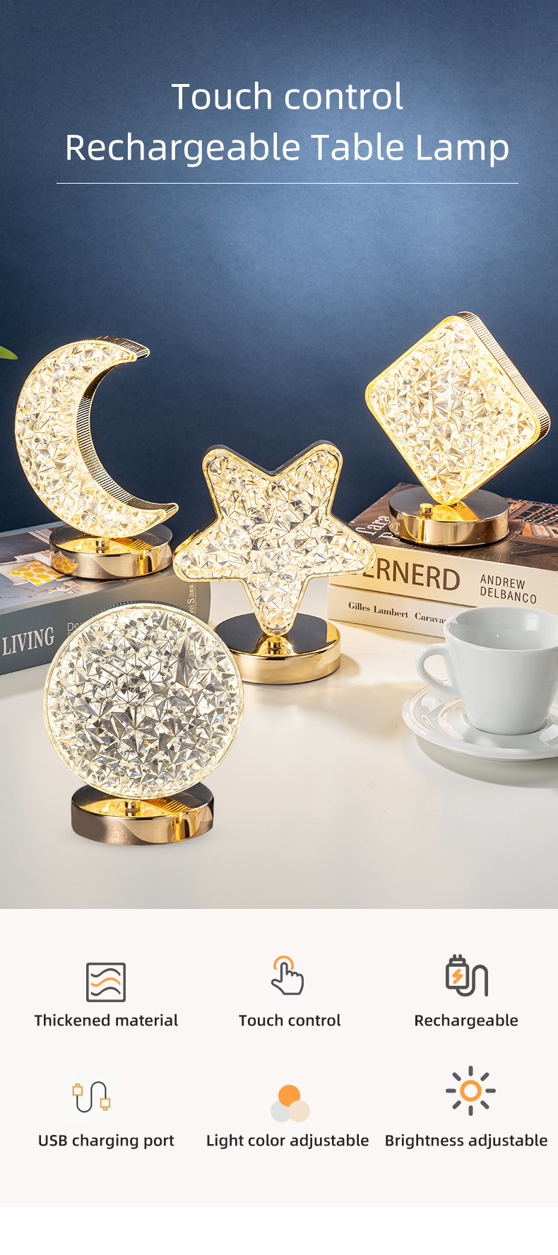 Creative gift: Star and moon night light, touch three-color charging ambient light, bedroom birthday gift: night light pic 1
