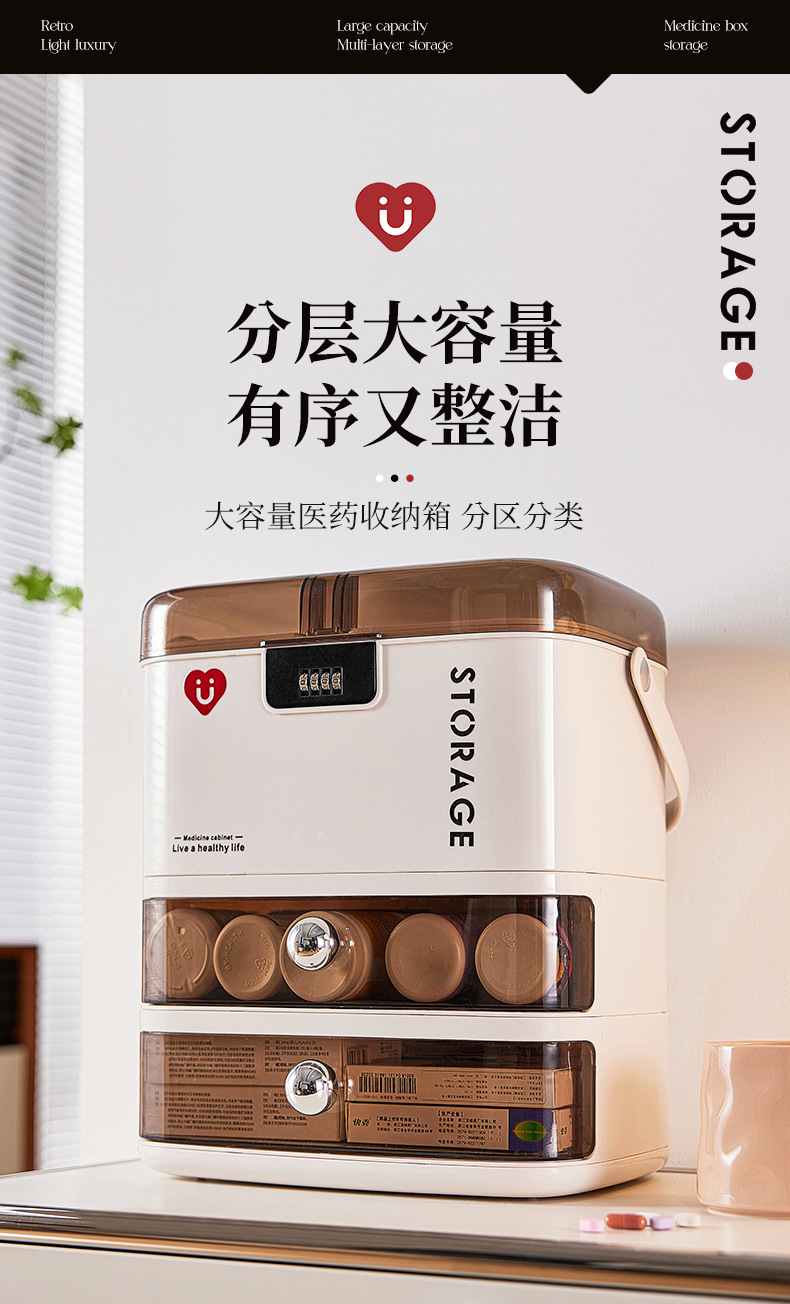 防儿童带锁密码医药箱常备药大容量家用抽屉式药品药物药膏收纳盒详情8