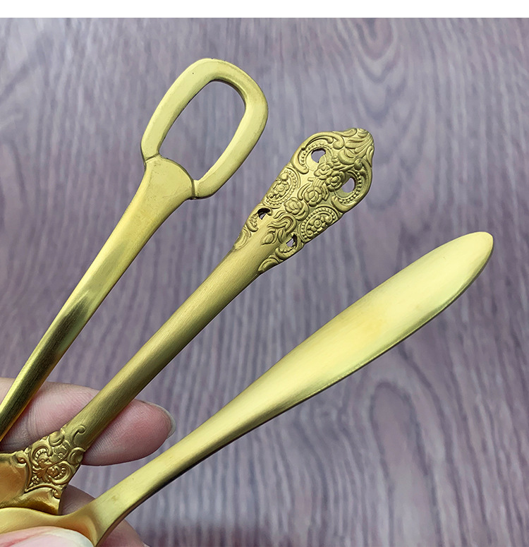 不锈钢金色浮雕茶勺西餐镀金茶勺吊环砂光西瓜勺尖柄茶匙详情7