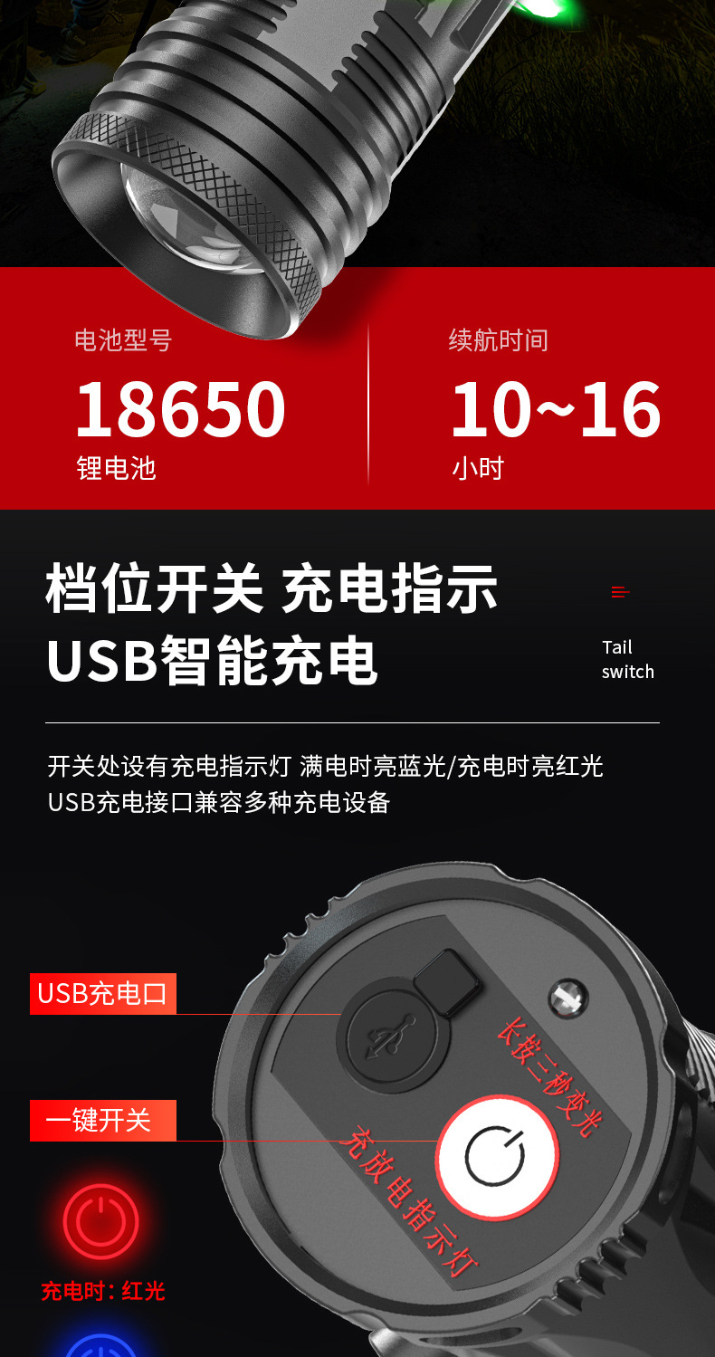 强光夜钓灯钓鱼灯变焦蓝白紫黄光大功率夜光台钓手电筒详情11