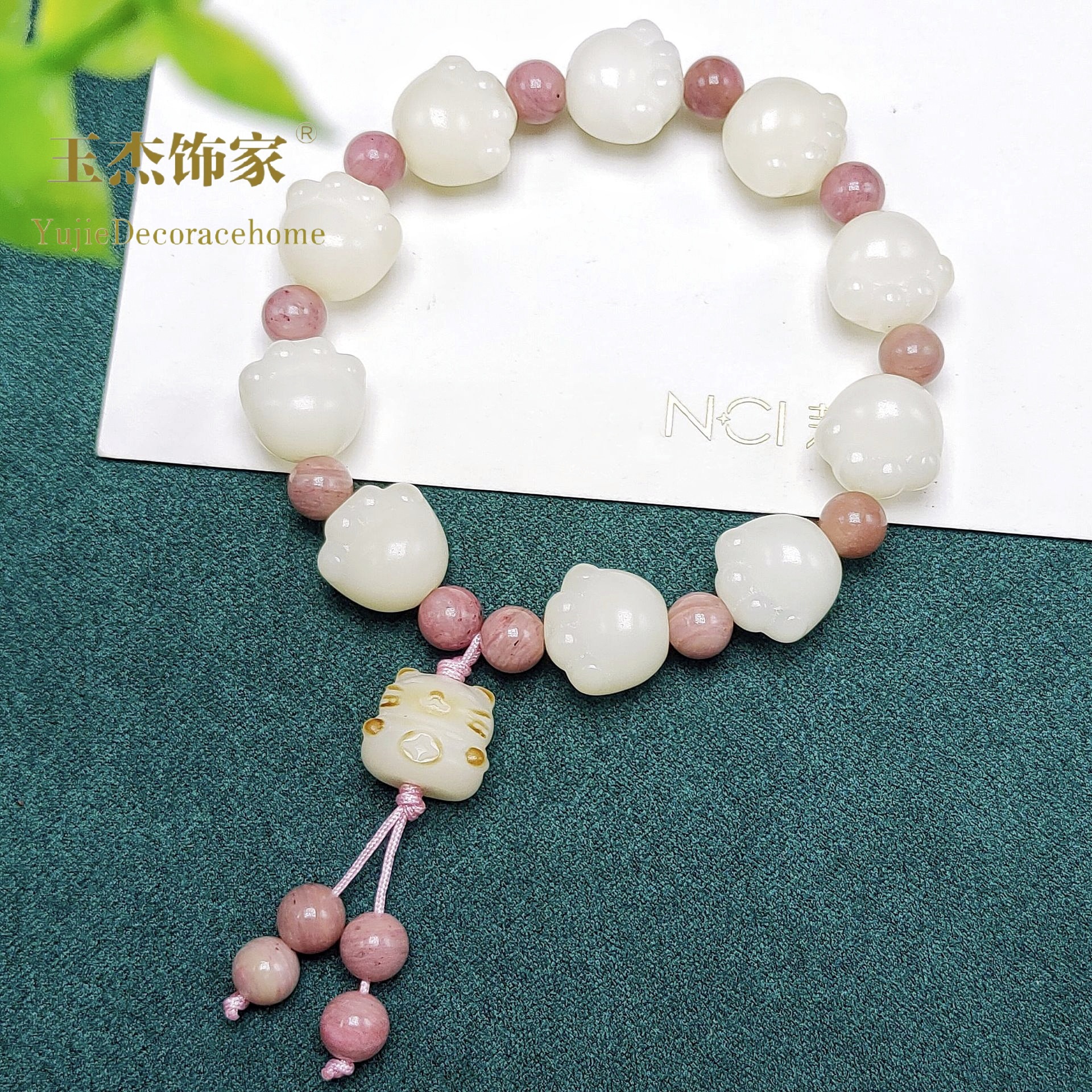 Double-ring natural stone bracelet, red wood grain stone with rose crystal lotus pod and pink rose. Red pattern stone bracelet for girls, with a sense of sophistication pic 13