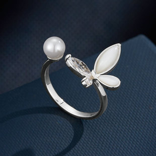 A light luxury and high-end lace-trimmed butterfly pearl open ring, copper alloy inlaid with zircon, adjustable index finger ring pic 3