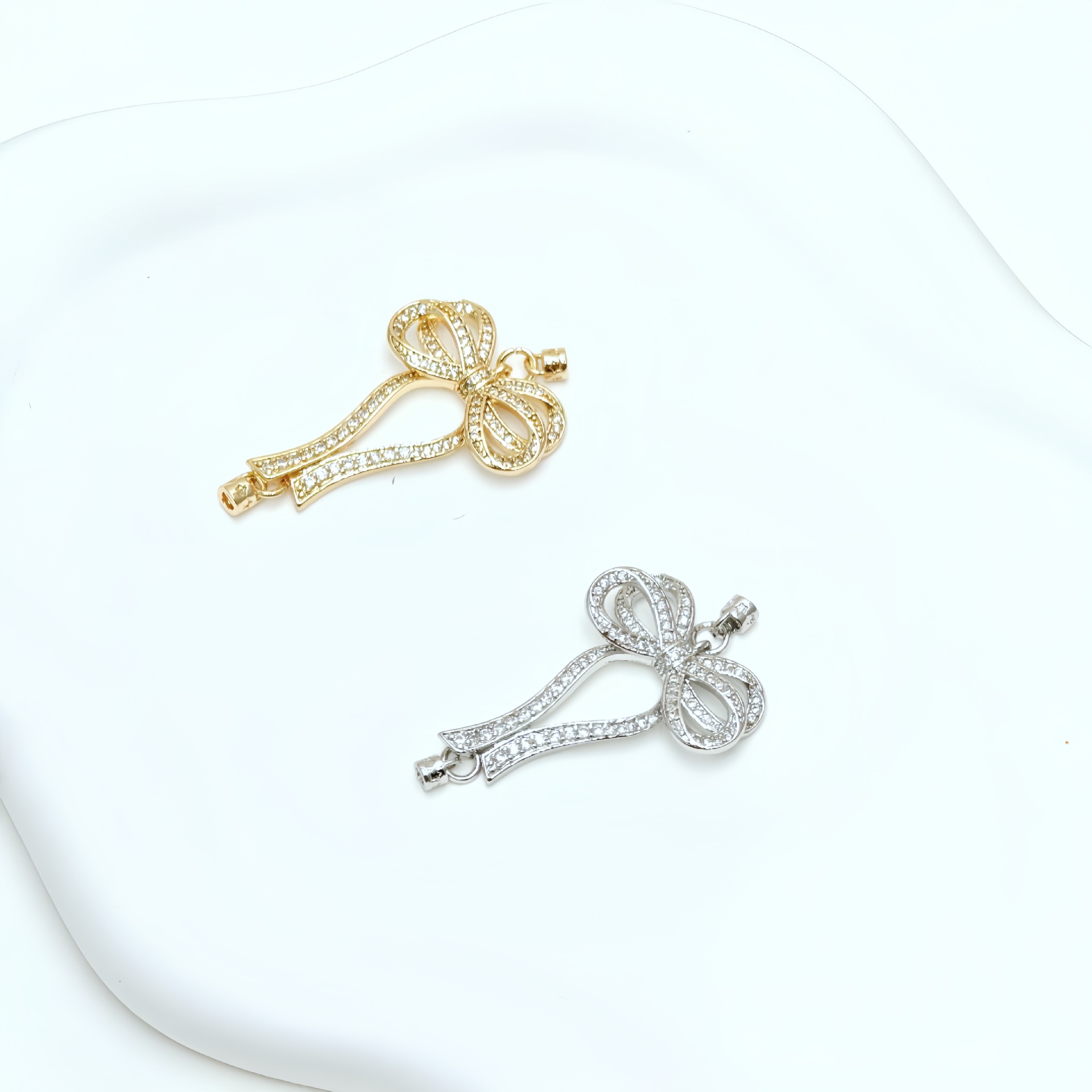 保色14K包金镶锆石蝴蝶结珍珠项链毛衣链连接扣吊坠手工串珠配饰详情6