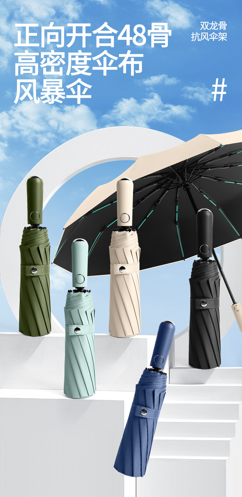 三折48骨自动雨伞大号黑胶防晒太阳伞批发晴雨伞广告伞折叠遮阳伞详情2