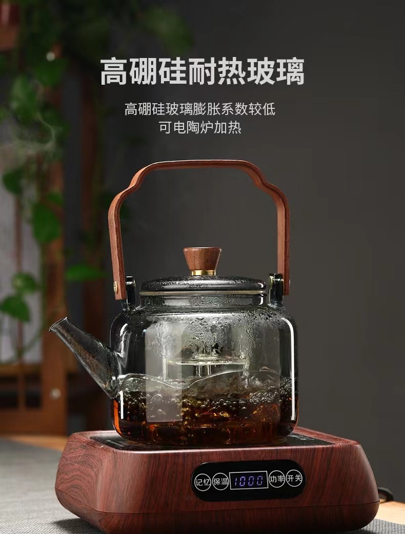 高硼硅玻璃煮茶壶 胡桃木把蒸煮提梁壶 双胆泡茶壶器明火加热详情3