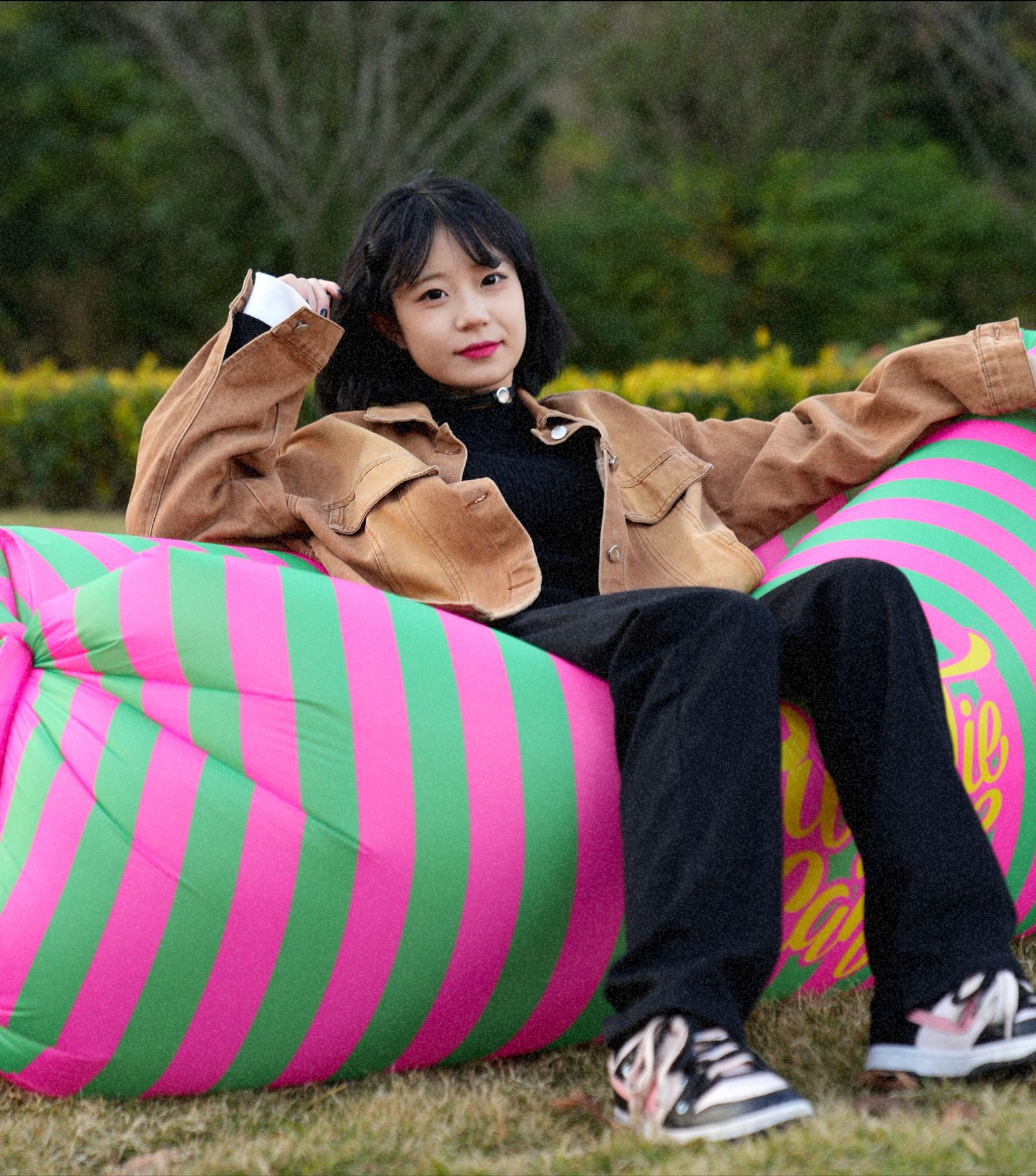 户外网红充气沙发空气沙发黑白格音乐节印花野餐垫装备露营用品详情15