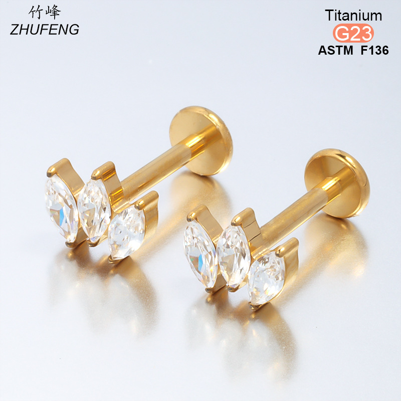 F136钛合金镶锆石耳钉时尚高级感镀金不掉色耳骨钉内牙螺旋唇钉详情14