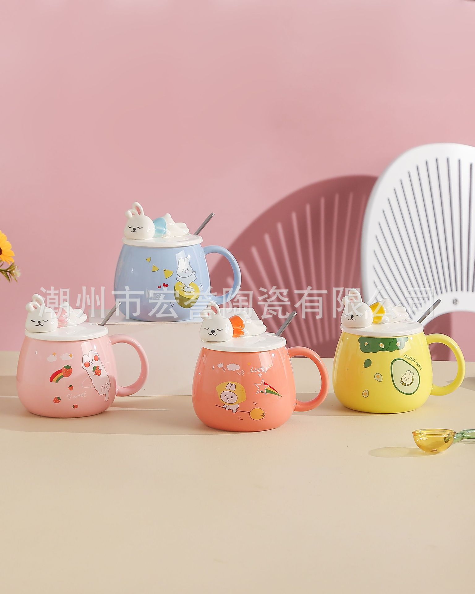 Cute rabbit cups, ceramic cups, high appearance level, couple mugs, creative embossed coffee cups with LIDS, milk cups pic 2