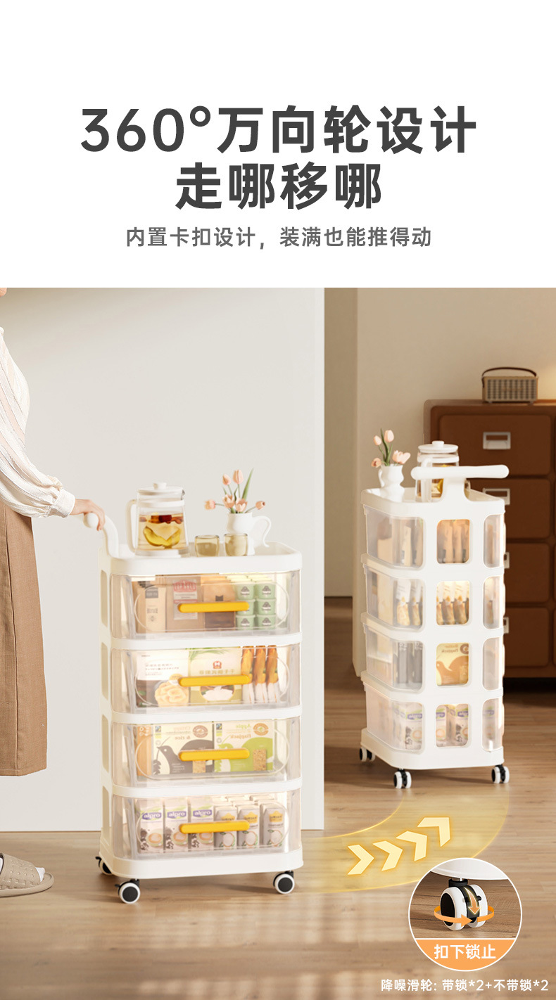 网红置物架推车零食收纳柜婴儿用品茶几置物架多层透明移动小推车详情7