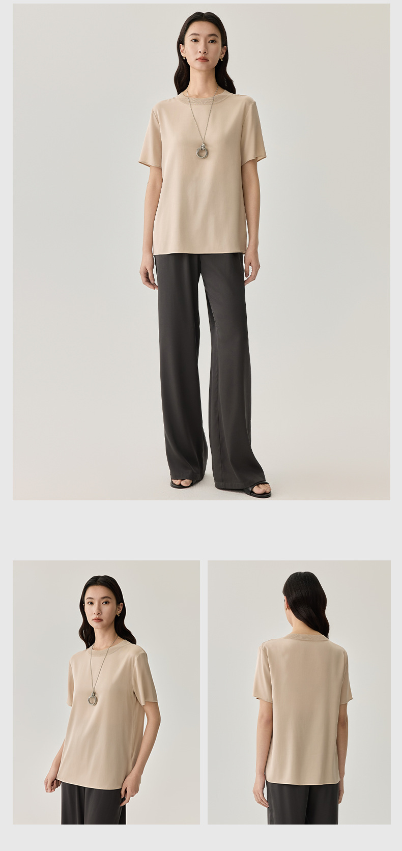 春夏季新品纯色桑蚕丝透气上衣 真丝简约短袖T恤时尚打底上衣女详情2