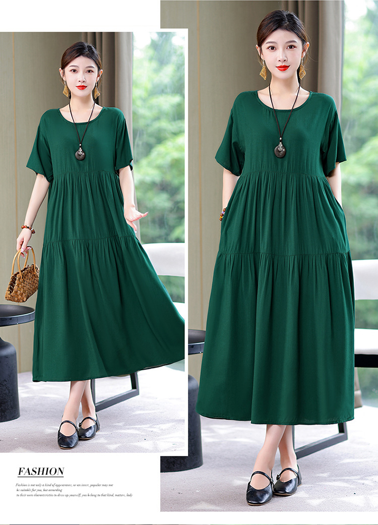 妈妈棉绸连衣裙夏季中老年女装短袖高端气质外贸人造棉裙子有口袋详情38