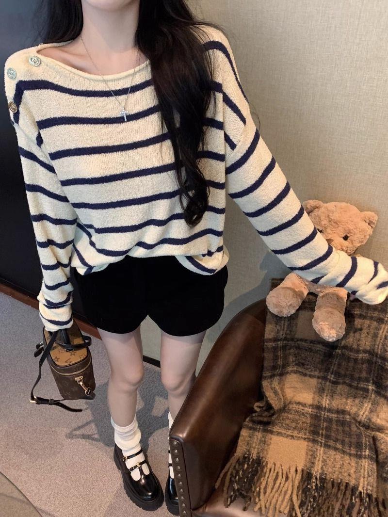 条纹软糯毛衣女秋冬美式y2k斜肩上衣慵懒宽松加厚露肩针织衫外套详情10