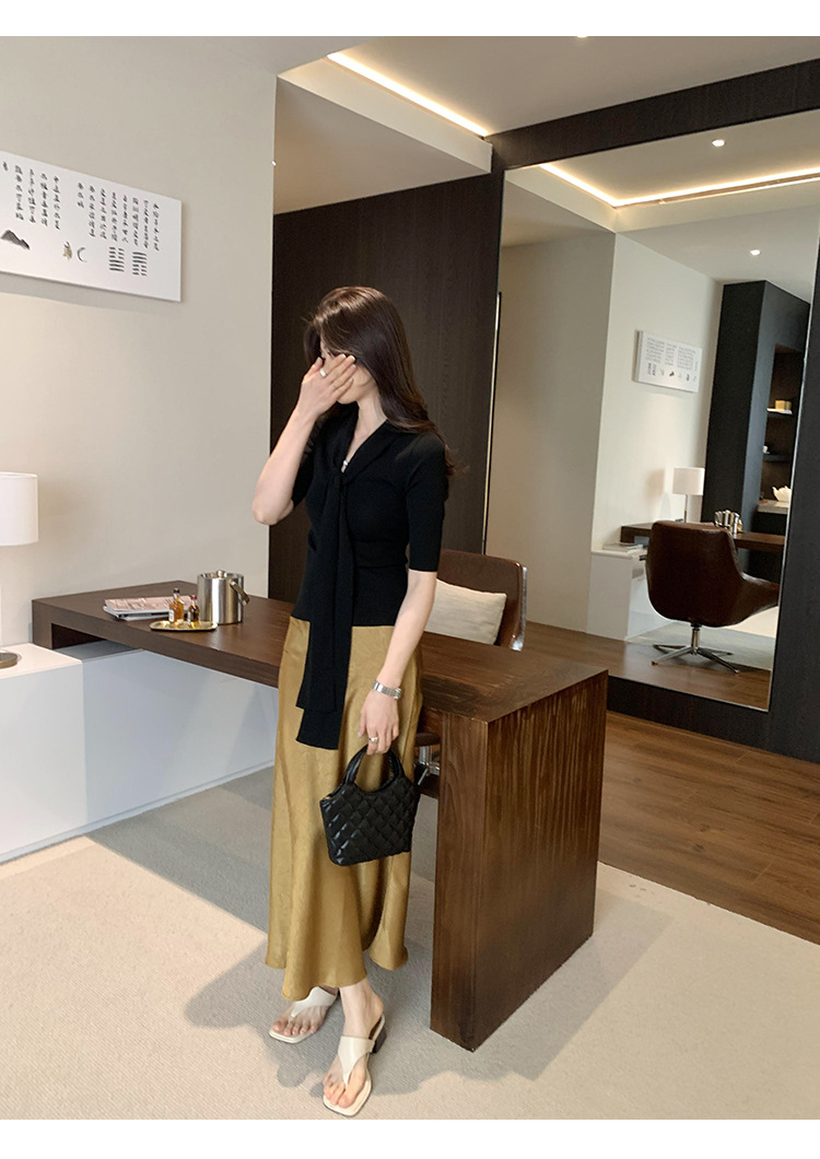 法式别致辣妹V领系带修身短袖针织衫女春夏2025新款气质显瘦上衣详情33
