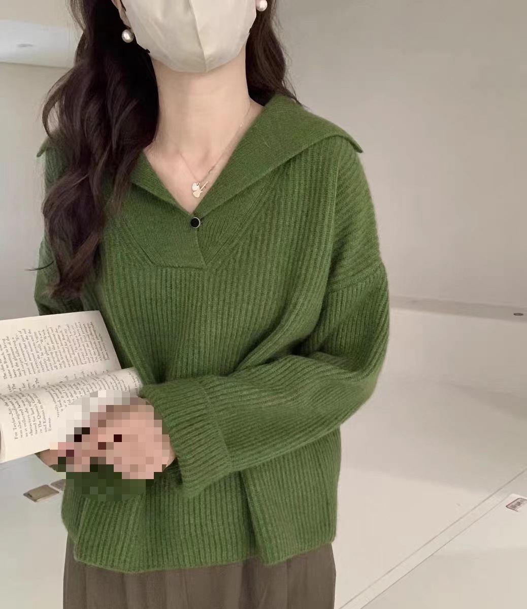 2024翻领浣熊绒设计感坑条毛衣女秋冬宽松慵懒风温柔针织上衣详情10
