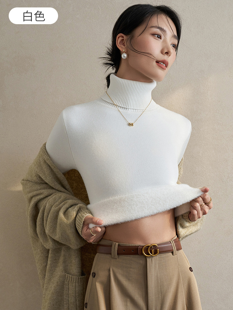 跨境高领毛衣女秋冬加绒加厚打底衫内搭堆堆领一体绒保暖针织上衣详情2
