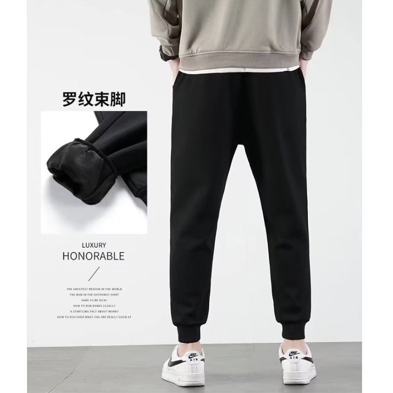 加绒加厚束脚长裤男宽松休闲运动裤黑色秋冬收口小脚抓绒皮绳裤详情14