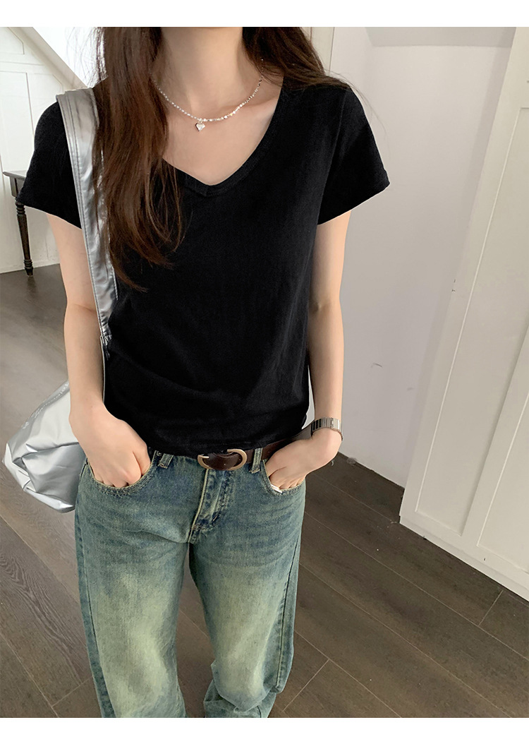 简约百搭V领纯色休闲短袖T恤女2024夏季新款轻薄透气宽松显瘦上衣详情32