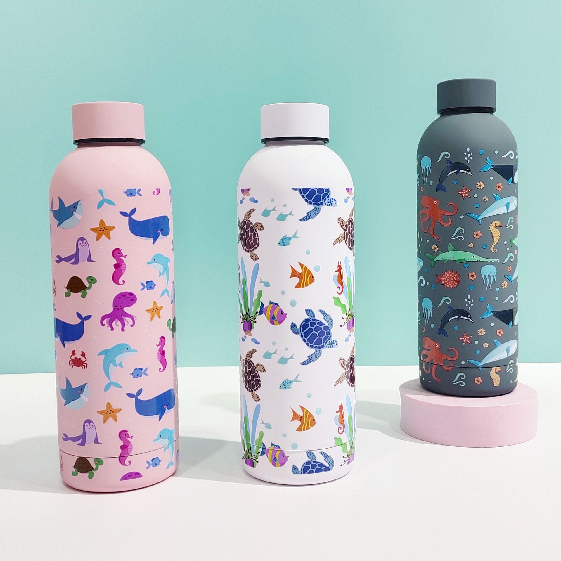外贸新款不锈钢小口瓶保温杯海洋精美图案户外便携式美式运动水瓶详情3