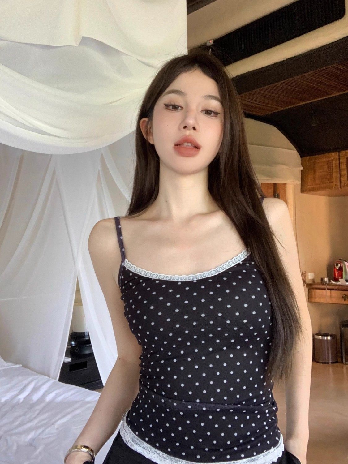 简漫妮辣妹内搭纯欲外穿少女吊带显瘦修身蕾丝拼接波点学生背心夏详情6