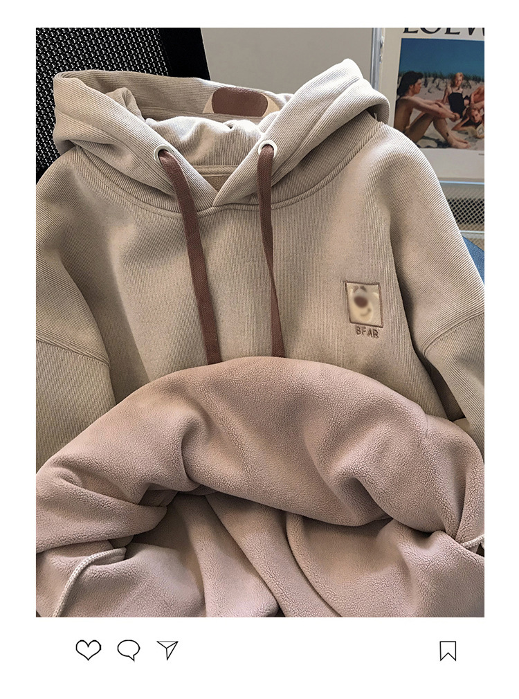 奶系加绒加厚刺绣小熊可爱连帽衫卫衣女秋冬vintage减龄宽松上衣详情11