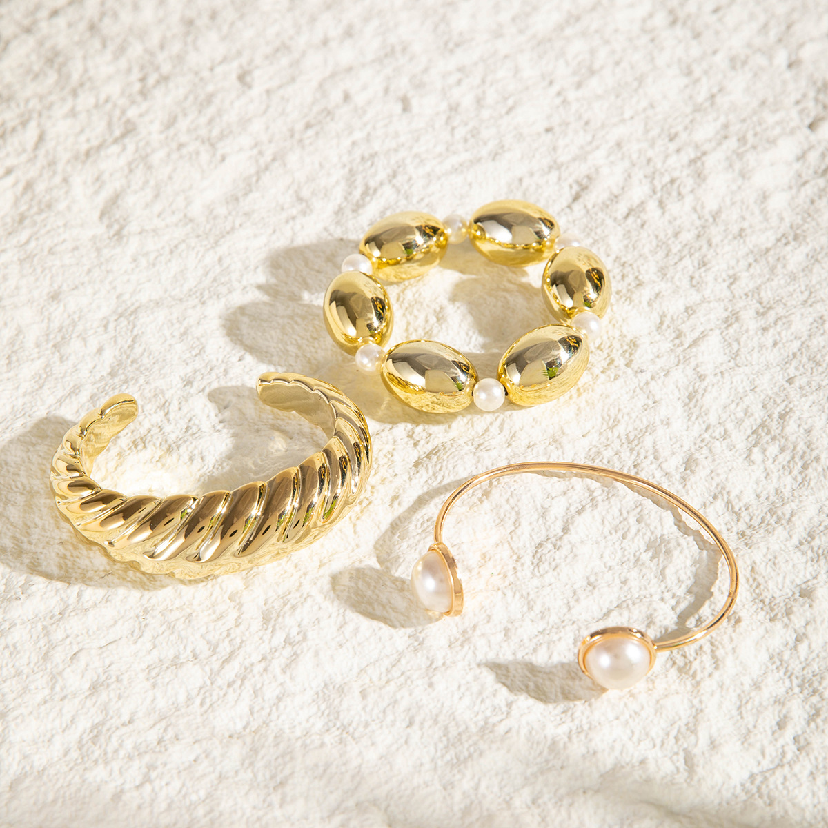 欧美跨境新款多层线条缠绕几何开口手镯套装朋克风波浪形串珠手链详情15