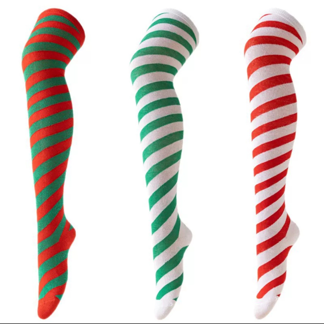 跨境圣诞节过膝袜蝴蝶结毛球长筒袜条纹袜圣诞绿白斜条纹长筒袜详情4