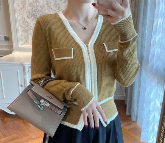 A 200-pound large-sized chanel-style knitted cardigan for early autumn, a V-neck double zipper loose, waist-cinching and slimming base layer for women pic 27