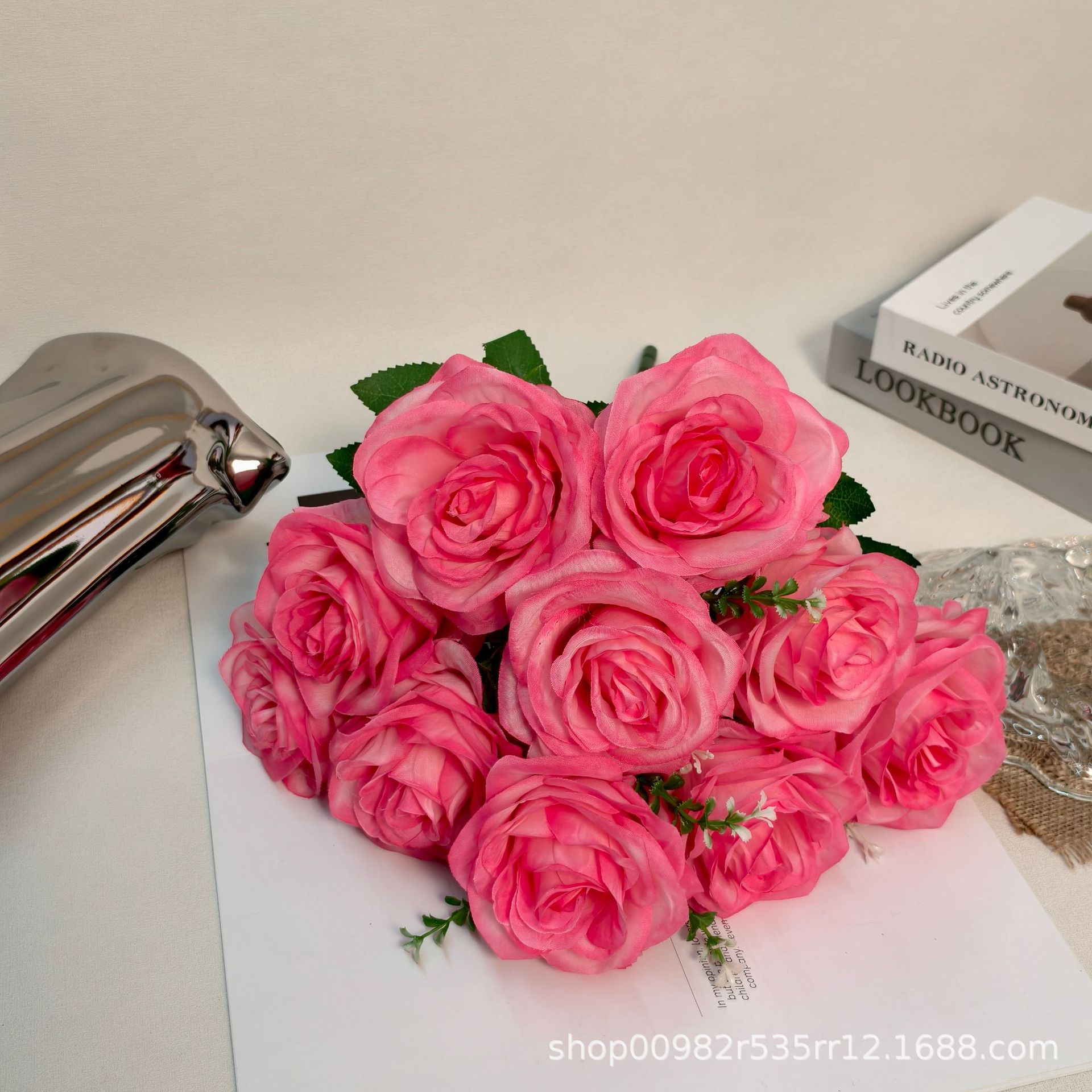 厂家批发10头玫瑰仿真花婚庆婚礼堂装饰玫瑰花假花外贸跨境西洋玫详情15