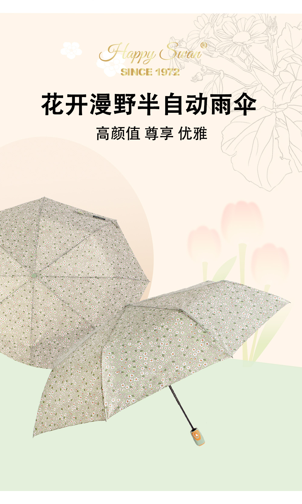 日韩风格小碎花三折自开雨伞彩色印花热转印外贸出口遮阳防雨便携雨具详情2
