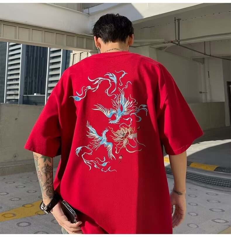 国潮中国风衣服白色纯棉短袖t恤男宽松大码凤凰潮牌重磅半袖夏季详情30