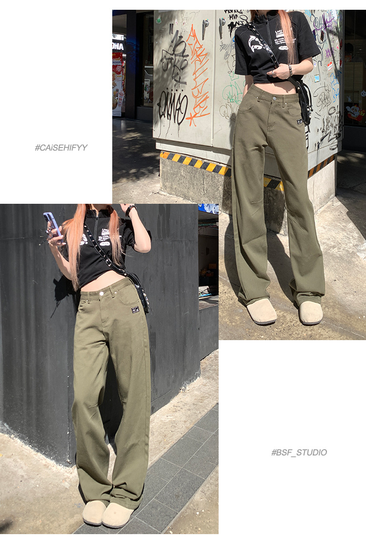 稚橘#刺绣标四色阔腿牛仔裤女高腰宽松显瘦个性时尚百搭拖地长裤详情14