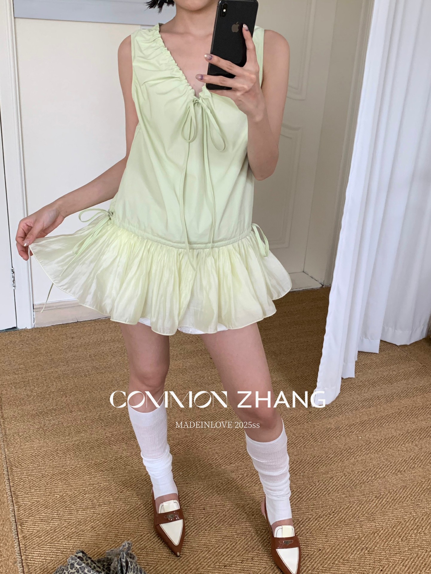 CZ ZHANG Summer French mint Manbo V-neck lace-up Youthful A-line puffed vest dress for women, B23782 pic 14