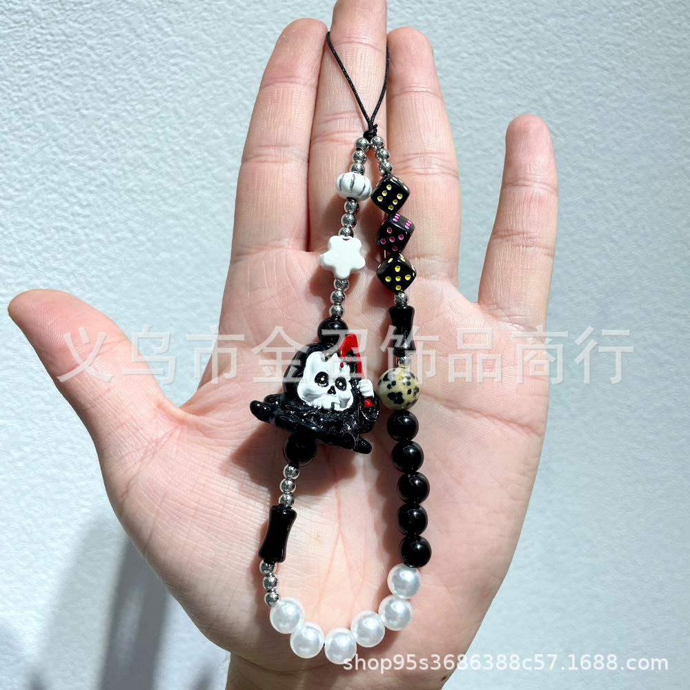 Halloween ins mobile phone chain Pumpkin ghost Skull Ghost face hand-painted mobile phone pendant, beaded keychain pendant pic 3