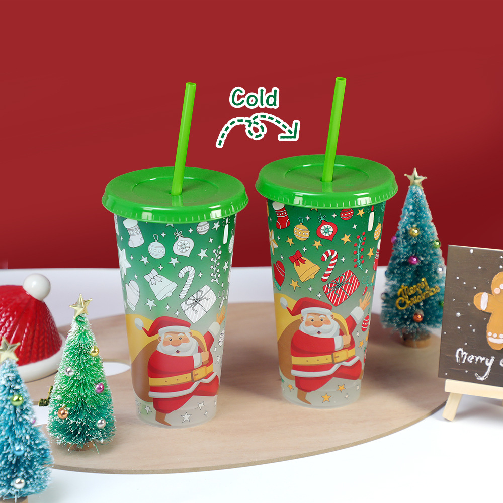 跨境现货圣诞节新款圣诞老人遇冷变色杯 两件套带吸管变色塑料杯详情7