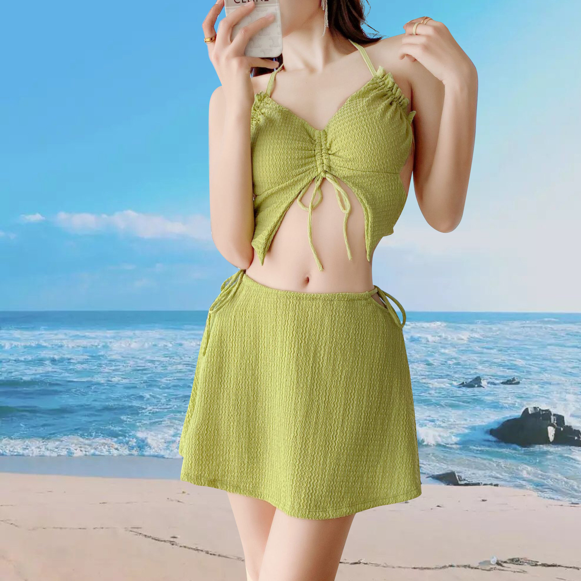 纯欲风分体裙式泳衣女绑带吊带小胸聚拢纯色度假泳池比基尼套装-107041 pic 7