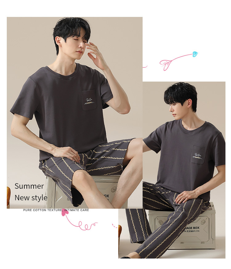 Summer pure cotton pajamas for men, cartoon casual short-sleeved shirts and long pants, pure cotton comfortable home wear, summer youth student set pic 174