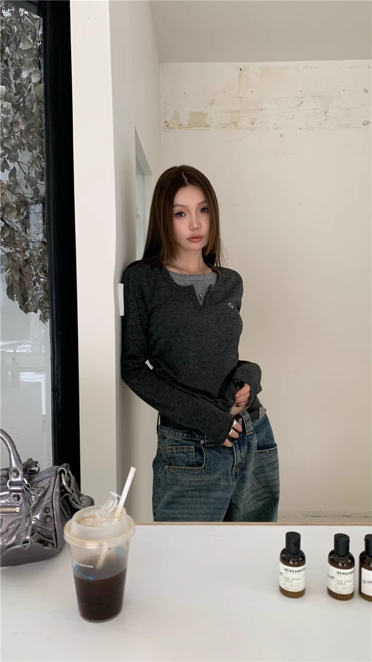女士T恤假两件长袖T恤秋冬内搭修身显瘦打底上衣美式复古打底衫详情20