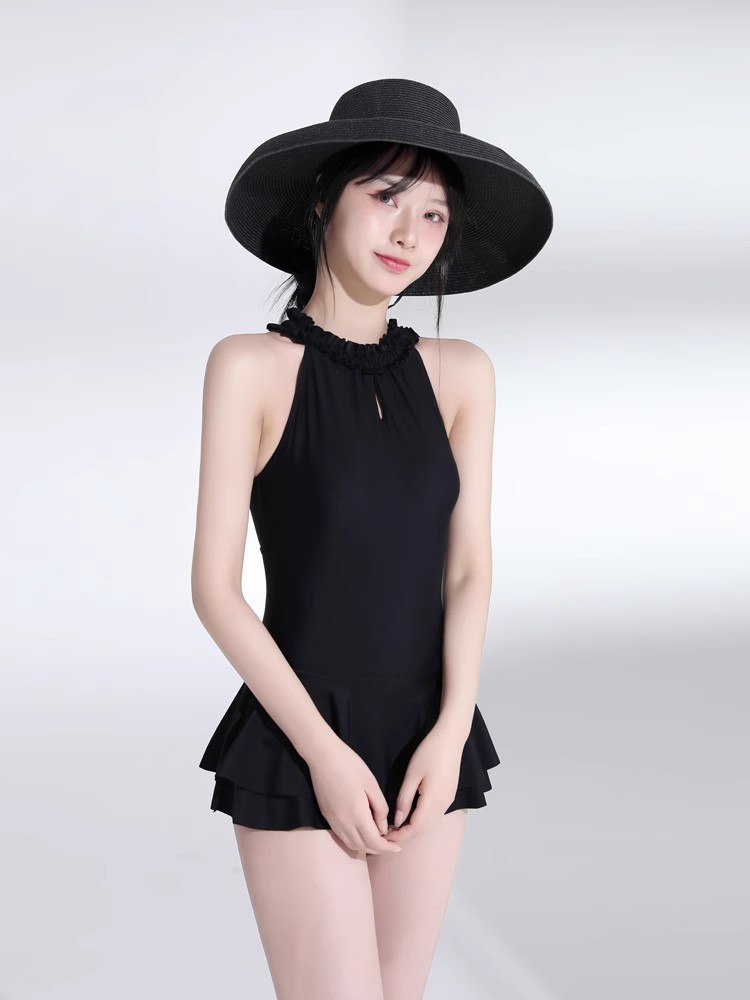 泳衣女新款连体韩系纯欲ins风裙式遮肚显瘦露背纯黑色泡温泉泳装107011详情4