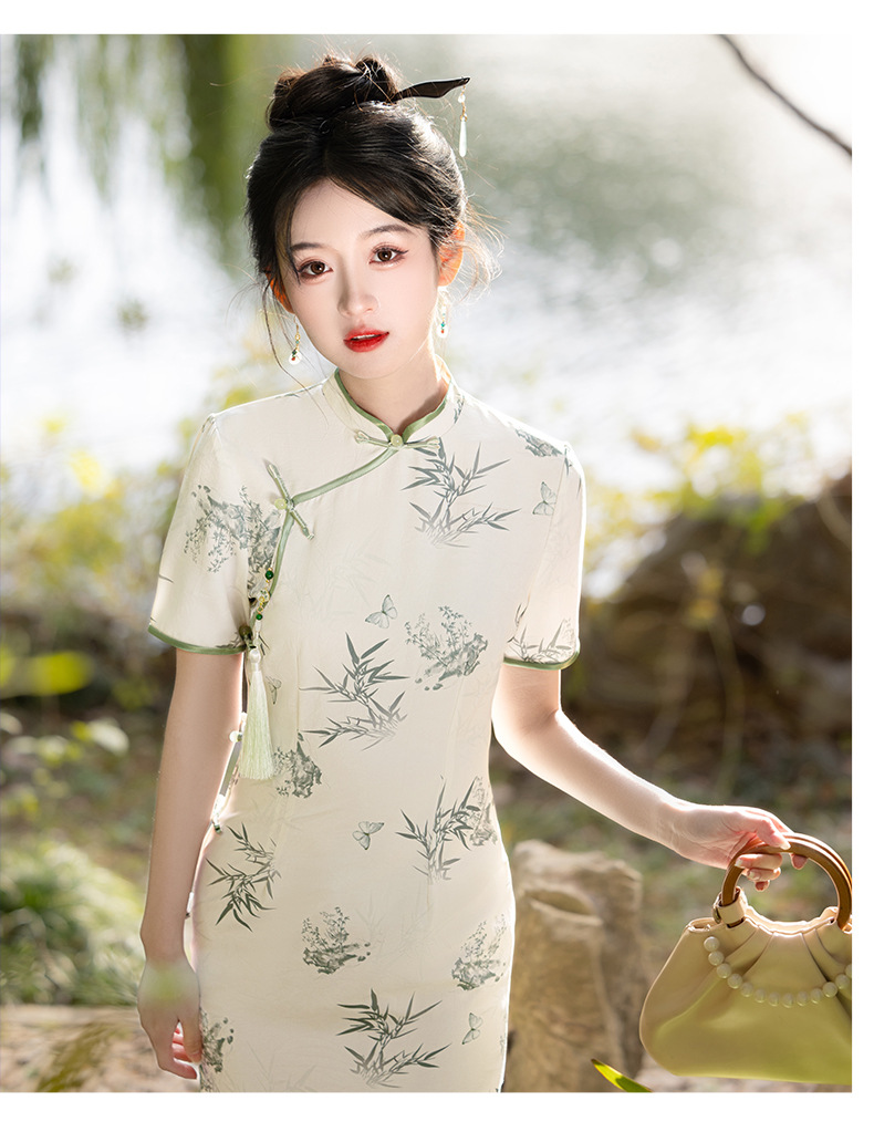 国潮富贵竹绿色旗袍长款 新中式改良短袖年轻款 日常高考送考旗开得胜详情14