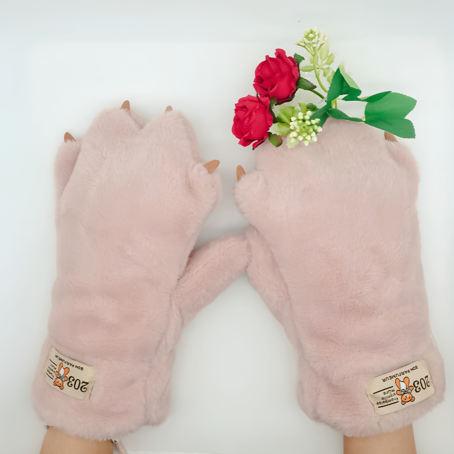 Half-finger gloves, cute bear PAWS, student cycling warm gloves, cartoon girl heart, full-finger plush hand warmers wholesale pic 4