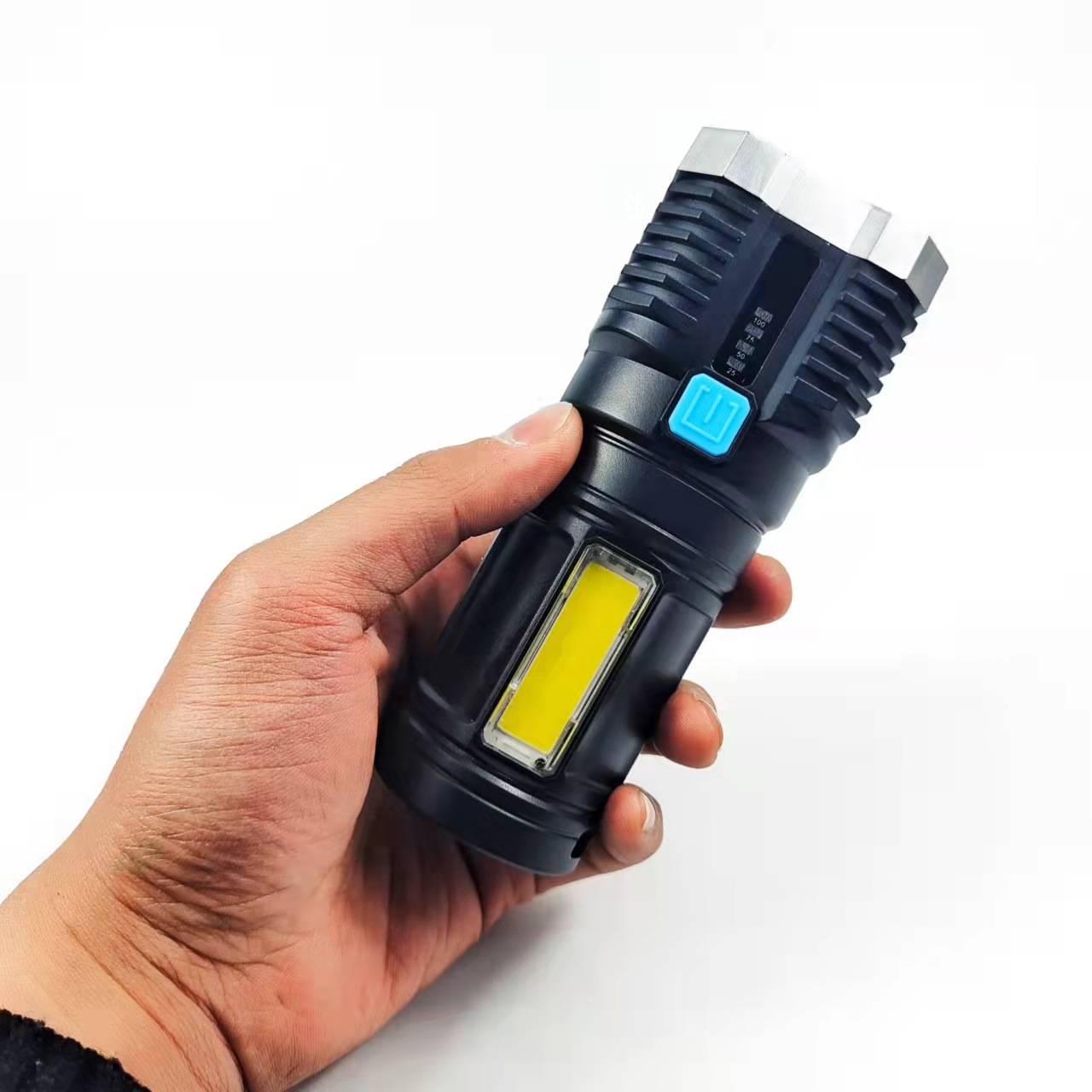 Wholesale of multi-functional outdoor LED high-intensity flashlight with battery level display, USB charging, COB side light flashlight pic 10