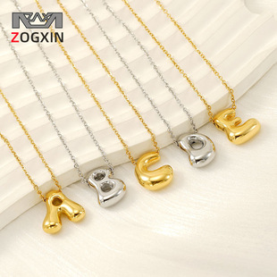 Cross-border 18K gold shell round stainless steel letter necklace, fashionable European and American titanium steel ring 26-letter pendant for women pic 9