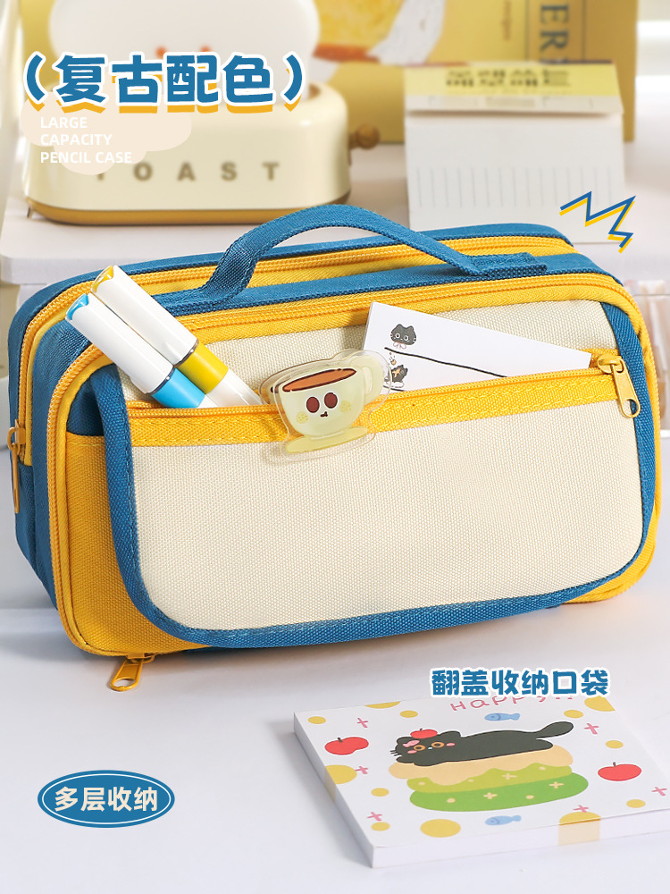 大容量2025新款手提9层撞色笔袋小众男女通用简约多层文具袋详情1