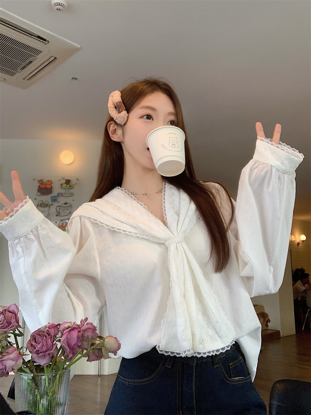 新中式复古蕾丝花边海军领衬衫女春季小众别致宽松长袖雪纺衫上衣潮详情10