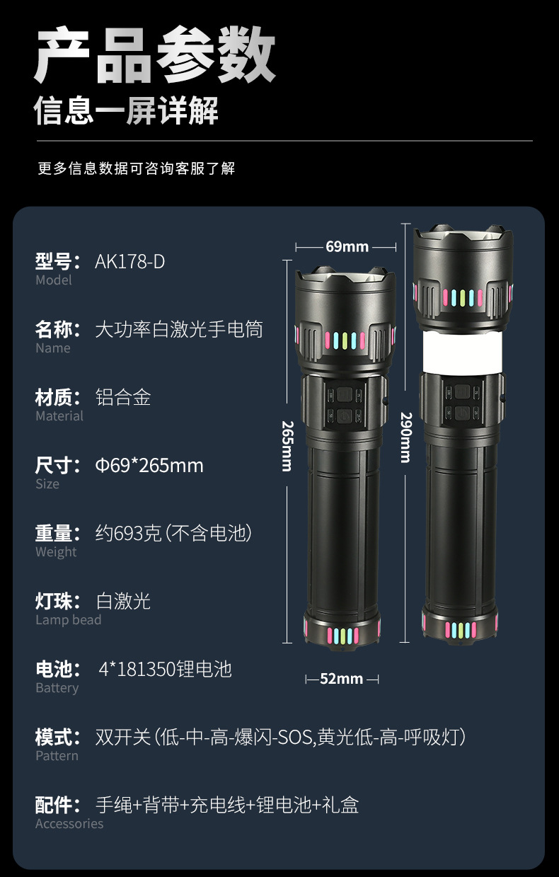 跨境新品大功率强光远射手电筒白激光户外侧灯露营多功能便携手电详情13