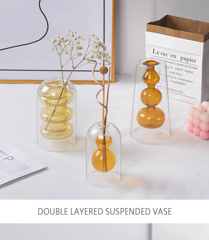 Colored double-layer glass vase, flameless glass art aromatherapy bottle, transparent vase, hydroponic restaurant table decoration pic 10